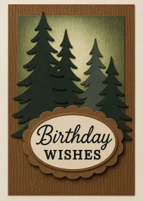 Layered pine trees surround a rustic Birthday Wishes plaque on a woodgrain birthday card.