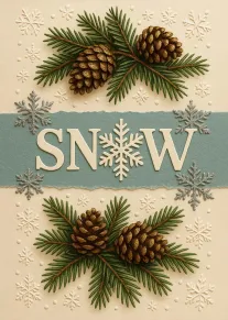 Snow Winter Card with Pinecones, Fir Branches and Sparkling Snowflakes