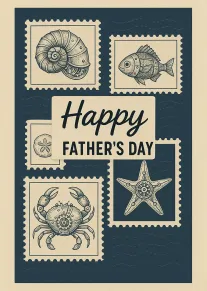 Navy Father's Day card with vintage stamp frames showing shell, fish, crab, and starfish art.