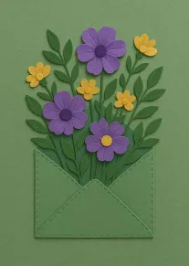 Green paper envelope with purple and yellow flowers rising in a layered floral bouquet card.