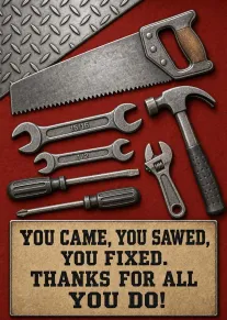 Metal tools surround a punny thank-you message for a handy fixer on red background.