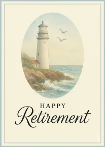 Watercolour lighthouse by the sea with birds and Happy Retirement text on a cream background.