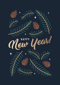 Dark navy New Year card with pine branches, pinecones, stars, and elegant gold lettering below.