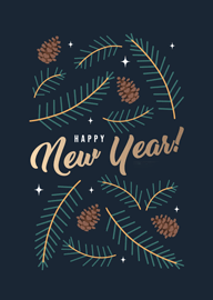 Elegant New Year Card with Pine Cones and Greenery Design