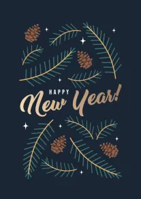 Dark navy New Year card with pine branches, pinecones, stars, and elegant gold lettering below.