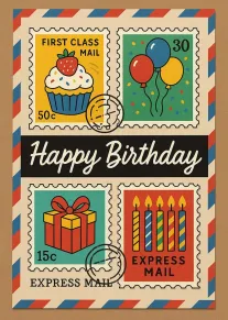 Retro postage stamp birthday card with cupcake, balloons, gift, candles, and Happy Birthday text design.