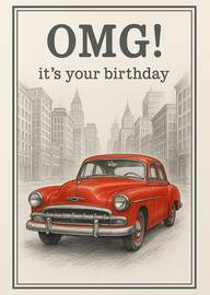 Vintage Red Car with Cityscape OMG Birthday Card