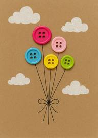 Colorful button balloons with hand-drawn strings and clouds