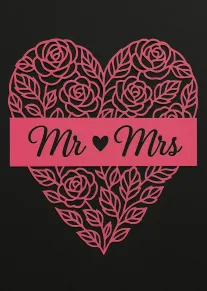 Pink floral heart card with Mr and Mrs text on a black background, romantic design.