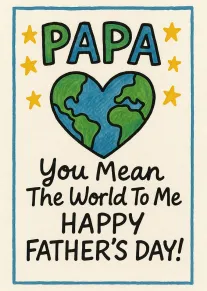 Hand-drawn Papa card with Earth heart, stars, and loving Father's Day message in bold lettering.