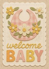 Soft pastel baby bib with flowers and welcome baby text