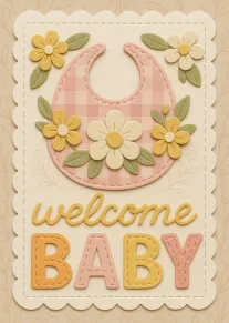 Pastel floral bib card with welcome baby wording and stitched applique details on cream background.