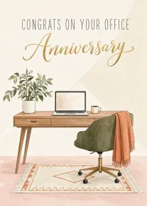 Watercolor office desk card with laptop, plant, chair, and text congratulating an office anniversary today.