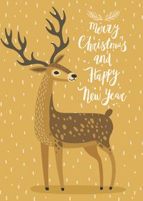 Deer in falling snow with Merry Christmas and Happy New Year message on gold background.