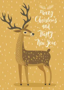 Deer in falling snow with Merry Christmas and Happy New Year message on gold background.