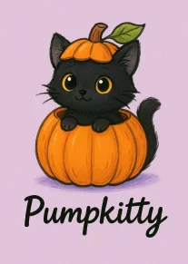 Cute black cat sitting in a pumpkin with a leaf hat and Pumpkitty text below.