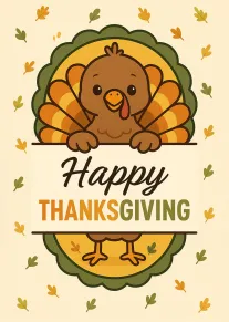 Cute cartoon turkey peeks over Happy Thanksgiving text with falling autumn leaves on cream background.