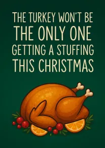 A roast turkey with oranges and berries beneath festive pun text on dark green background.