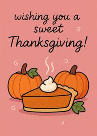 Thanksgiving card with pumpkin pie and autumn pumpkins