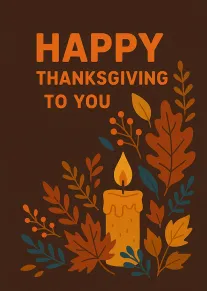 Autumn leaves and a lit candle frame the words Happy Thanksgiving to You on brown.