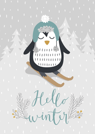 Cute penguin skiing winter greeting card with Hello Winter text