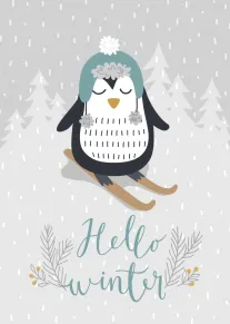 A penguin in a winter hat skis through snow above the words Hello winter card.