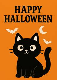 Cute black cat with bat and moon Halloween card illustration