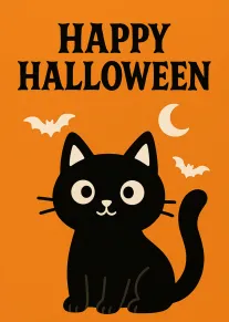 Black cat with bats and crescent moon beneath Happy Halloween text on bright orange background.