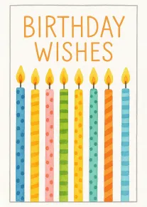 A watercolor birthday card with eight colorful candles and Birthday Wishes text above them, centered.