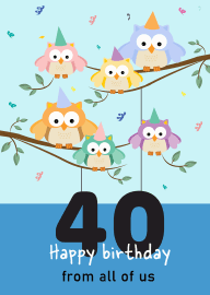 Colorful Owls Wearing Party Hats Celebrate 40th Birthday Together