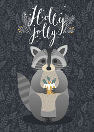 Cute raccoon holding Christmas pudding with holly jolly text