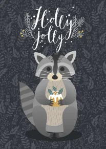 A cute raccoon holds holly berries beneath the words Holly jolly on a winter background.