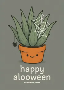 Cute potted aloe with spider web and happy alooween greeting