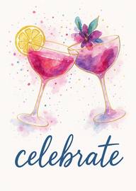 Watercolor two cocktail glasses with flower and lemon celebrate text