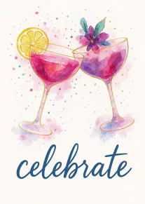 Two watercolour cocktail glasses clink beside a lemon slice and flower above the word celebrate.