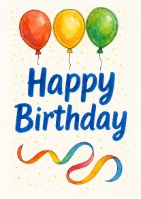 Watercolor balloons and rainbow ribbon frame Happy Birthday text on a white speckled background card.
