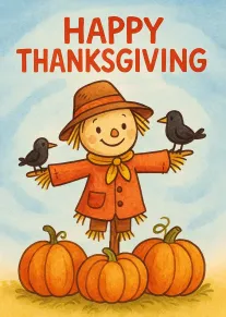 Playful scarecrow with pumpkins and birds beneath Happy Thanksgiving text in a soft autumn sky.