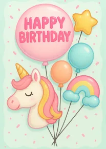 Pastel unicorn birthday card with balloons, rainbow, and pink Happy Birthday text.