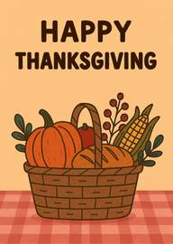 Thanksgiving card with harvest basket and greeting text
