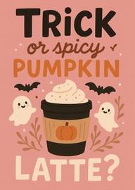 Cute Halloween card with pumpkin latte and playful ghosts