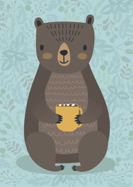 Cute brown bear holding yellow mug with marshmallows