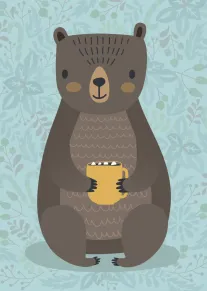 Illustrated bear holding a mug of hot chocolate on a pale blue floral background scene.
