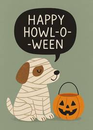 Cute mummy dog with pumpkin bucket happy howl-o-ween greeting