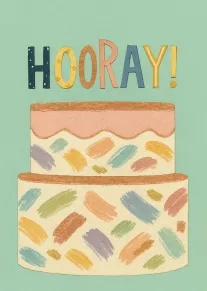 A pastel cake card with colorful Hooray lettering on a mint green background and texture.