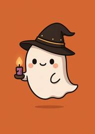 Cute ghost wearing witch hat holding candle Halloween card