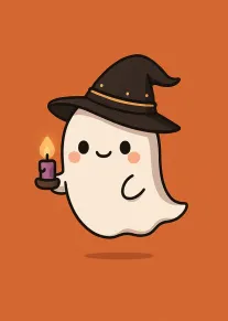Cute ghost wearing a witch hat holds a candle on an orange background with shadow.