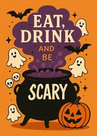 Halloween card with cauldron, ghosts, bats, pumpkin and spooky text