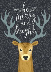 Reindeer head with antlers and be merry and bright lettering on a dark holly-patterned background.