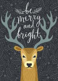 Festive reindeer with antlers and be merry and bright text