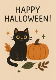 Cute black cat with pumpkin and leaves Halloween card